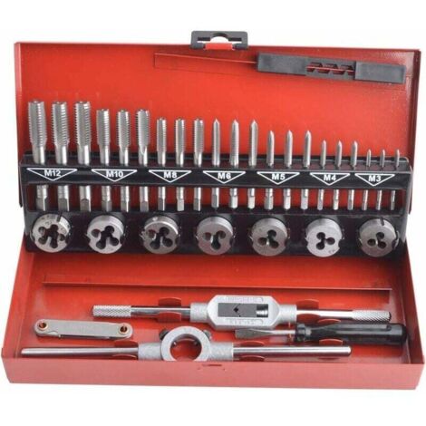 Coffret de 32 Pièces Tarauds et Filières en Acier Allié au Tungstène Métrique Taraud et Filière Vis Outils de Coupe Kit de Filetage de Forage Conique avec étui de Rangement-Fei Yu (1/4)