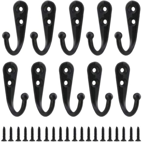 Lot de 10 crochets simples noirs, crochets muraux, patères noires, avec vis de fixation (1/4)