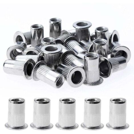 150 pièces d'écrous à riveter à tête plate filetés, écrous à riveter filetés en acier inoxydable M4, divers inserts filetés pour filetages en plastique (9 mm x 11 mm) (1/4)