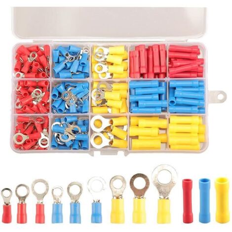 258pcs Cosses Electriques a Sertir Anneau Connecteurs Bout à Bout, 12 Types Cosses a Sertir Anneau Cosses Bout à Bout Bornes électriques, Bornes à Sertir Isolées Connecteurs de Câble de Fil électrique (1/4)