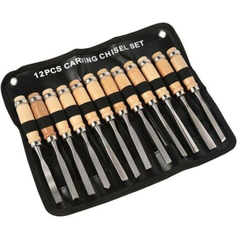 12Pcs Outils Sculpture sur Bois Jeu de Ciseaux à Bois avec Manche en Bois et Moulinet Couteau à Sculpter Outil de Sculpture sur Bois Professionnel pour Débutant Graveur Artiste Amateur (1/4)