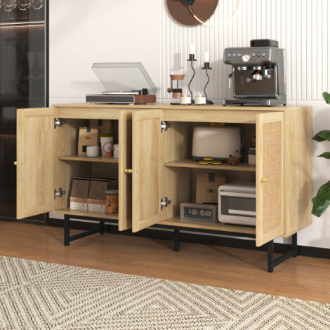Meuble TV doté de pieds à finition dorée, de deux tiroirs et de portes au design unique. (1/5)