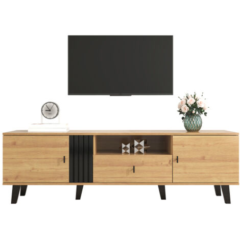 Grande table basse design en bois coloré et noir — Une table de salon avec tiroirs, offrant un rangement polyvalent et une allure unique. (1/5)