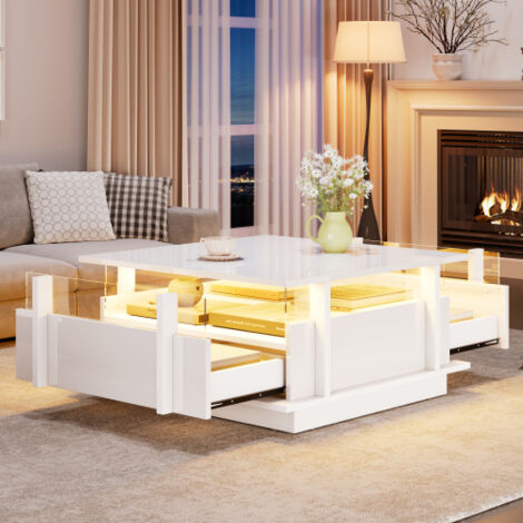 Table basse haute brillance dotée de deux tiroirs, d'un éclairage LED et d'une cloison transparente en acrylique. Table basse, table de salon, table de canapé, table d'appoint — Idéale pour les petits (1/5)