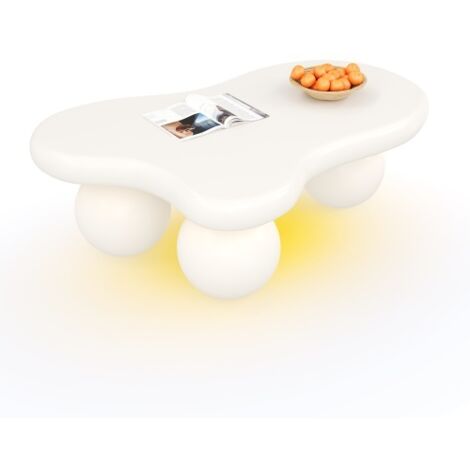 Table basse blanche style « Nuage » avec éclairage LED – 16 couleurs sélectionnables, design en forme de nuage, pieds arrondis : une touche élégante pour les salons modernes et les chambres d'enfants. (1/5)