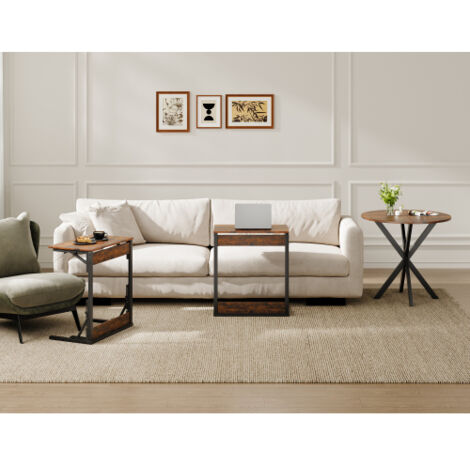 Ensemble de 2 tables d'appoint pliables en forme de C (Structure en métal, pieds réglables) — Table d'appoint / Table basse pour salon, chambre ou bureau — Fait également office de plateau TV — Marron (1/5)