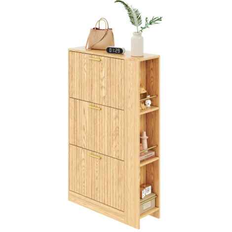 Meuble à chaussures moderne et minimaliste en bois, doté de trois portes, d'une grande capacité de rangement et d'étagères ouvertes — à la fois élégant et pratique, il est idéal pour une entrée ou un (1/5)