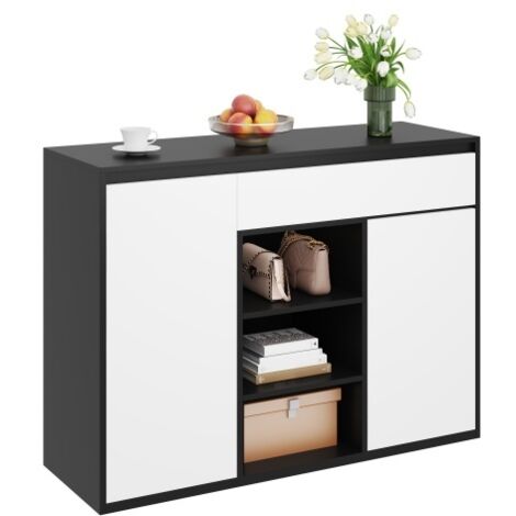 Meuble à chaussures à deux portes et un tiroir, avec étagères réglables et éclairage LED — Design moderne noir et blanc, idéal pour les entrées ou les halls. (1/5)