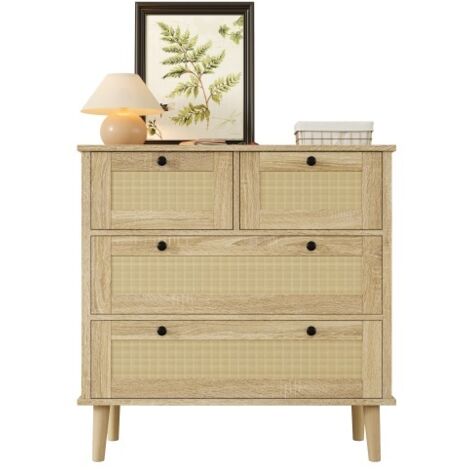 Commode à quatre tiroirs, tiroirs en rotin, meuble de rangement, pieds en bois massif. (1/5)