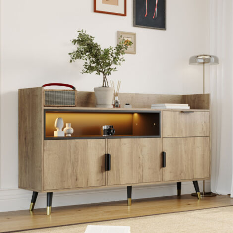 Meuble de rangement moderne et minimaliste, doté de doubles portes, d'étagères ouvertes, de tablettes en verre et de séparateurs intérieurs réglables — une solution de rangement polyvalente pour le sa (1/5)