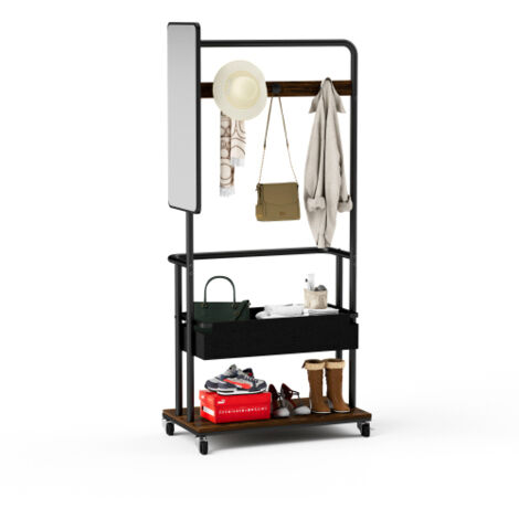 Portant à vêtements métallique robuste sur roulettes – Design 3-en-1 avec panier et miroir – Support penderie mobile sur roulettes – Portant-vestiaire spacieux (1/5)