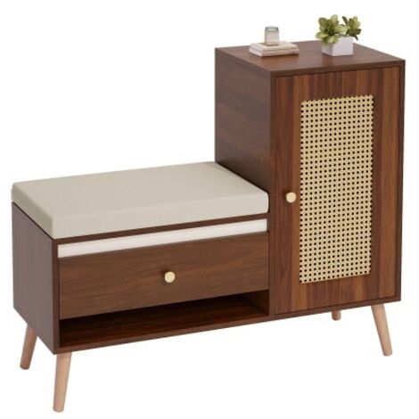 Meuble à chaussures, banc d'entrée en rotin avec rangement pour chaussures et coussin d'assise – Meuble d'entrée multifonction avec tiroirs, compartiments ouverts et porte de placard (1/5)