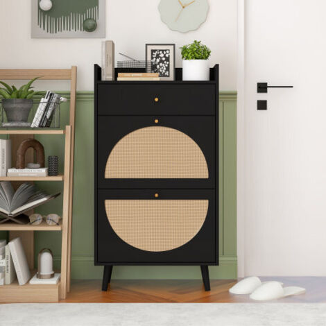 Meuble à chaussures à deux portes et un tiroir, coloris noir, aspect rotin doté de portes semi-circulaires interchangeables, d'étagères doubles et d'un dos ouvert idéal pour les couloirs et espaces (1/5)