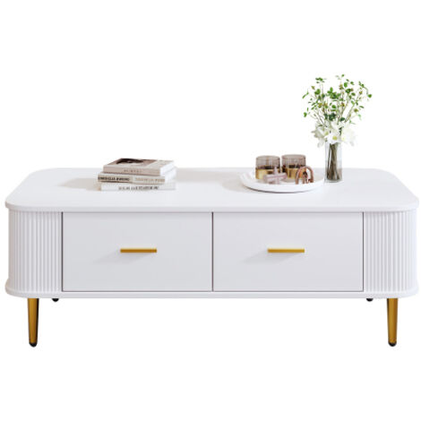 Table basse avec tiroirs et angles arrondis – Table de salon aux côtés ondulés, poignées et pieds dorés – Table d'appoint (1/5)