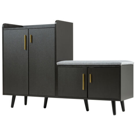 Banc de rangement pour chaussures blanc, moderne et luxueux — Doté d'une assise et d'un dossier rembourrés, de poignées et de pieds en métal — Le choix idéal pour votre entrée. (1/5)