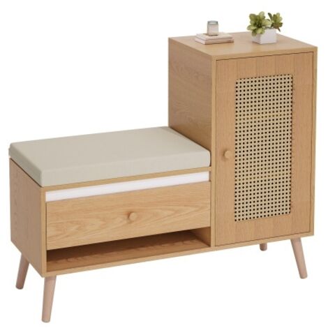Meuble à chaussures, banc d'entrée en rotin avec rangement pour chaussures et coussin d'assise – Meuble d'entrée multifonction avec tiroirs, compartiments ouverts et porte de placard (1/5)