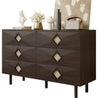 Élégante coiffeuse à 6 tiroirs avec poignées en rotin – Pour chambre et salon – Rangement pratique et stabilité – Idéale pour votre intérieur