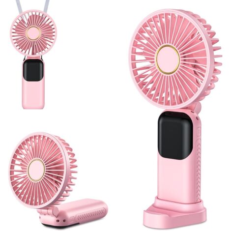 Mini Ventilateur Portable, USB Ventilateur Rechargeable, Petit Ventilateur de Poche 5 Vitesses Avec Base, Silencieux Ventilateur à Main Pliable Pour Bureau, Extérieur (Rose)