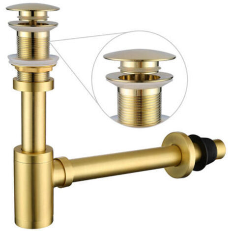 Ensemble complet de siphon en P pour lavabo de salle de bain, kit de vidange d'évier réglable de 1-1/4 po, tube en laiton massif avec siphon à tirette, version sans trop-plein, or brossé