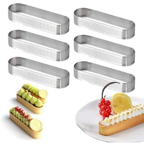 Sollbry – Cercle à tarte ovale 13x4.5cm – Lot de 6 moules en acier inoxydable – Résistants à la chaleur – Conception perforée pour gâteaux en mousse