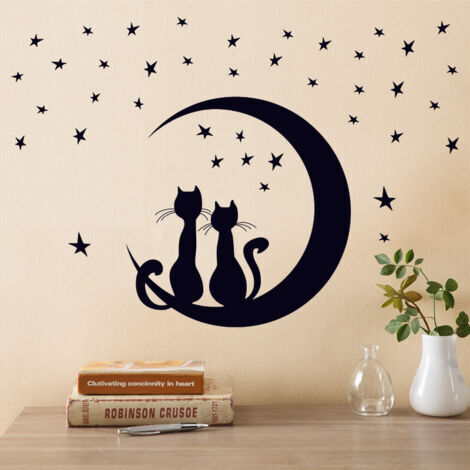 Sollbry Ensemble de 2 autocollants muraux chat + autocollants muraux couple chat adaptés à une chambre et un salon créatifs et personnalisés - noir