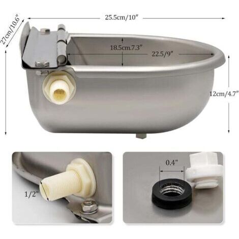Abreuvoir à eau en acier inoxydable avec bouchon de vidange et valve à flotteur réglable pour cheval, chien, bétail, chèvre, mouton, cochon, abreuvoir automatique pour le bétail