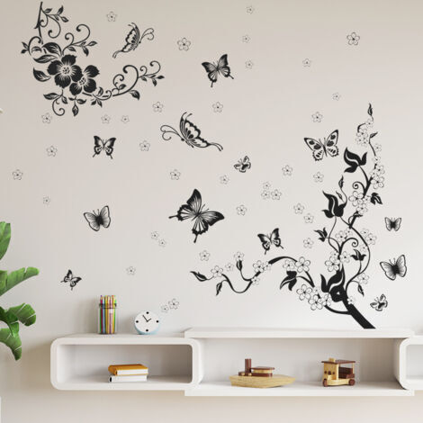 Sollbry – Stickers muraux branche arbre noir – Autocollant papillon et fleurs – Décoration salle de bain, salon, chambre enfants – Installation facile