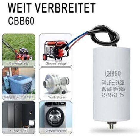 Lot De 2 Condensateurs CBB60 16 µF 450V 50/60Hz Avec Câble 20cm - Condensateur Démarrage Moteur Robuste 37x74mm