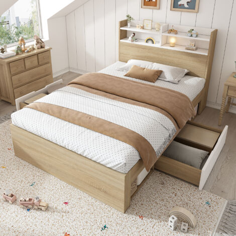 Lit avec rangement bois blanc et chêne 90x200 cm, tête de lit étagères, 2 tiroirs, sommier lattes + matelas inclus (1/5)