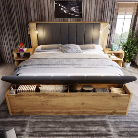 Lit bois et métal chêne 160x200 cm avec tête de lit en lin relevable, lampes de lecture USB, chevets et banc coffre (1/5)