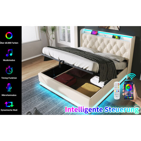 Lit coffre 160x200 cm en PU blanc avec LED 360°, sommier à lattes et ports USB/Type‑C (1/5)