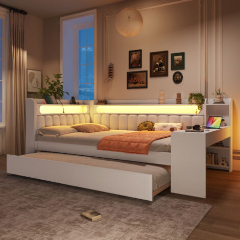 Lit de jour rembourré MDF/contreplaqué blanc 140x200 cm avec LED & USB, tiroir-lit 90x190 et bureau intégré