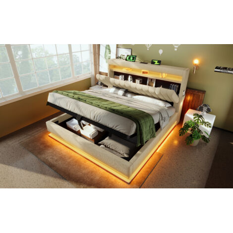 Lit coffre 160x200 cm en tissu lin beige avec LED, tête de lit avec rangements et ports USB/Type-C, sommier à lattes (1/5)