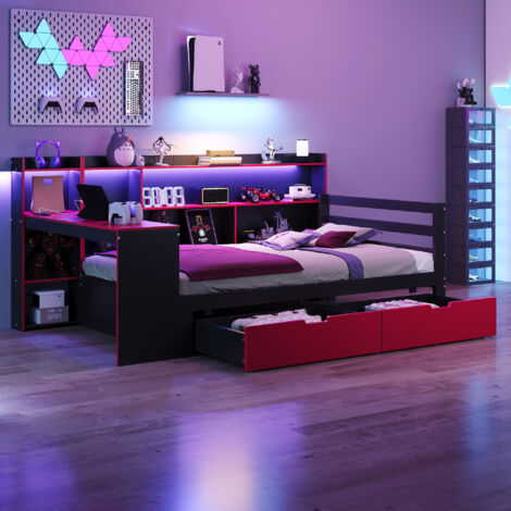 Lit multifonction en bois noir et rouge 90x200 cm avec bureau, rangements, tiroirs, LED et prises USB, sommier inclus (1/5)