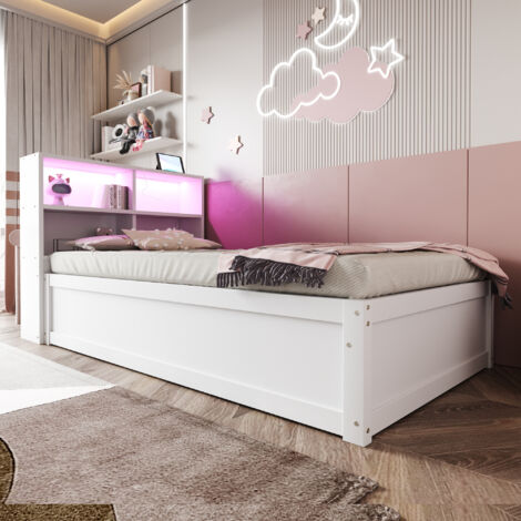Lit 90x200 cm en bois blanc avec rangements, prise intégrée et LED, sommier à lattes (1/5)
