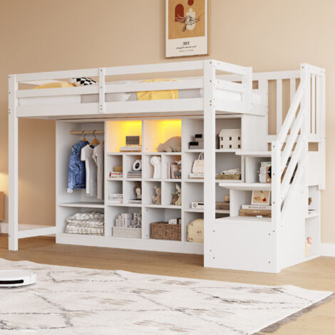 Lit mezzanine 90x200 cm en bois blanc avec rangements, armoire, échelle latérale et éclairage LED, sommier à lattes inclus (1/5)