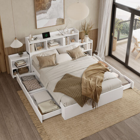 Lit MDF blanc 140x200 cm avec sommier à lattes, 4 tiroirs, table de chevet push-pull et charge Type-C + sans fil (1/5)