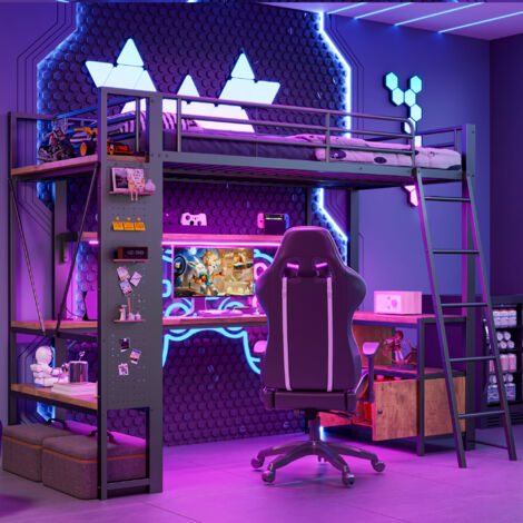 Lit mezzanine métal noir 90x200 cm avec bureau, rangements, étagères, panneau perforé, LED et ports USB