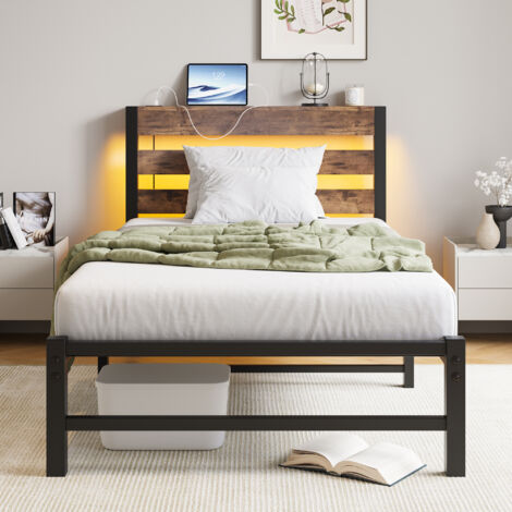 Lit 90x200 cm métal & bois noir/marron avec LED RGB, ports USB et rangement sous lit (1/5)