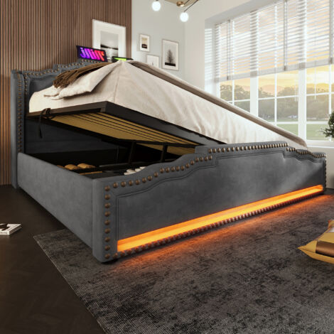 Lit coffre 140x200 cm velours gris avec LED, ports USB/Type-C, sommier à lattes et matelas inclus (1/5)