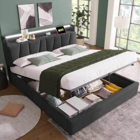 Lit rembourré 160x200 cm en lin gris avec tête de lit rangement, LED RGBW, prises/USB/Type-C, sommier lattes + matelas (1/5)