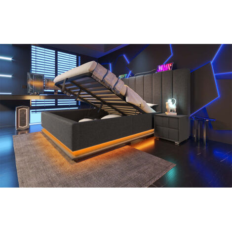 Lit coffre 160x200 cm en lin gris avec LED 360° et chargeur USB/USB-C, sommier à lattes inclus (1/5)