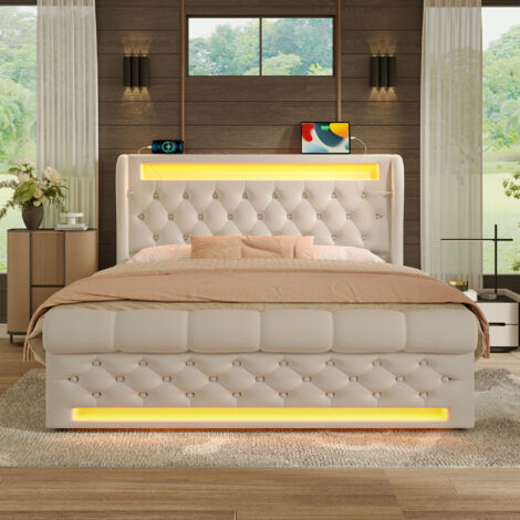 Lit coffre 140x200 cm en velours beige avec LED, tête de lit avec ports USB/Type-C, matelas inclus (1/5)