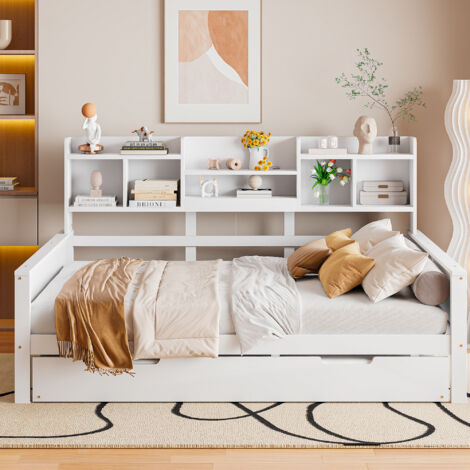 Canapé-lit en bois blanc 140x200 cm avec lit gigogne 90x190 cm, rangement et sommier à lattes inclus (1/5)