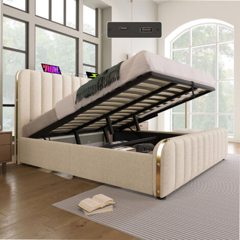 Lit coffre 180x200 cm en lin beige avec tête de lit capitonnée, ports USB/Type-C, sommier à lattes inclus (1/5)