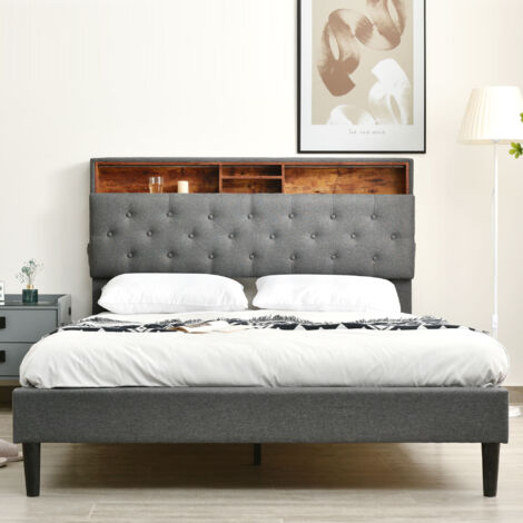 Lit rembourré 140x200 cm en bois massif gris avec tête de lit rangement, LED, sommier à lattes + matelas inclus (1/5)
