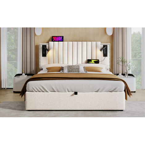 Lit coffre 160x200 cm en coton beige avec sommier à lattes, tête de lit réglable, liseuse et USB/Type-C + matelas (1/5)