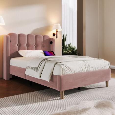 Lit 90x200 cm en velours rose avec tête de lit et ports USB/Type-C, sommier à lattes inclus (1/5)