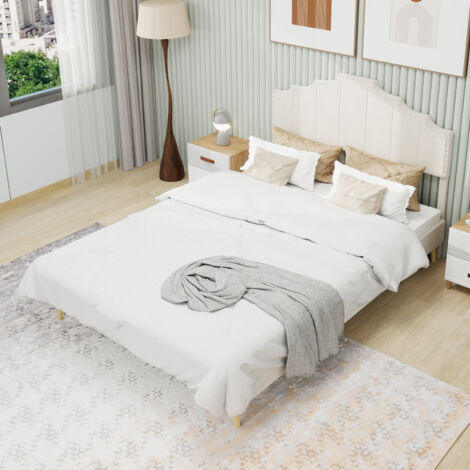 Lit rembourré tissu beige métal 160x200 cm, tête de lit design, sommier à lattes inclus (1/5)
