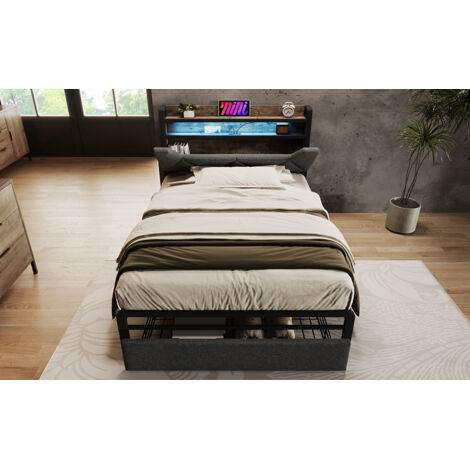 Lit 90x200 cm en lin gris avec tiroir, tête de lit rangement, LED et ports USB/Type-C, sommier métal (1/5)